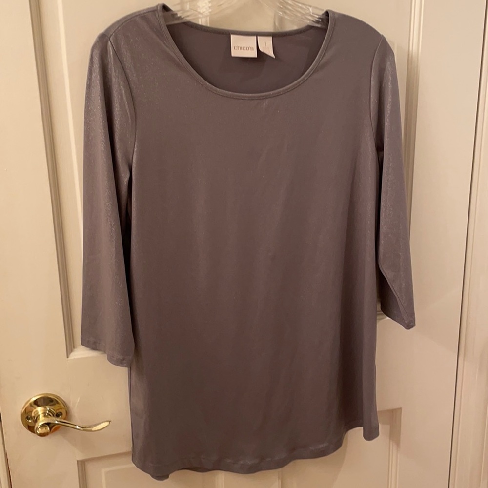 Chico’s metallic gray “liquid silver” top, size 8